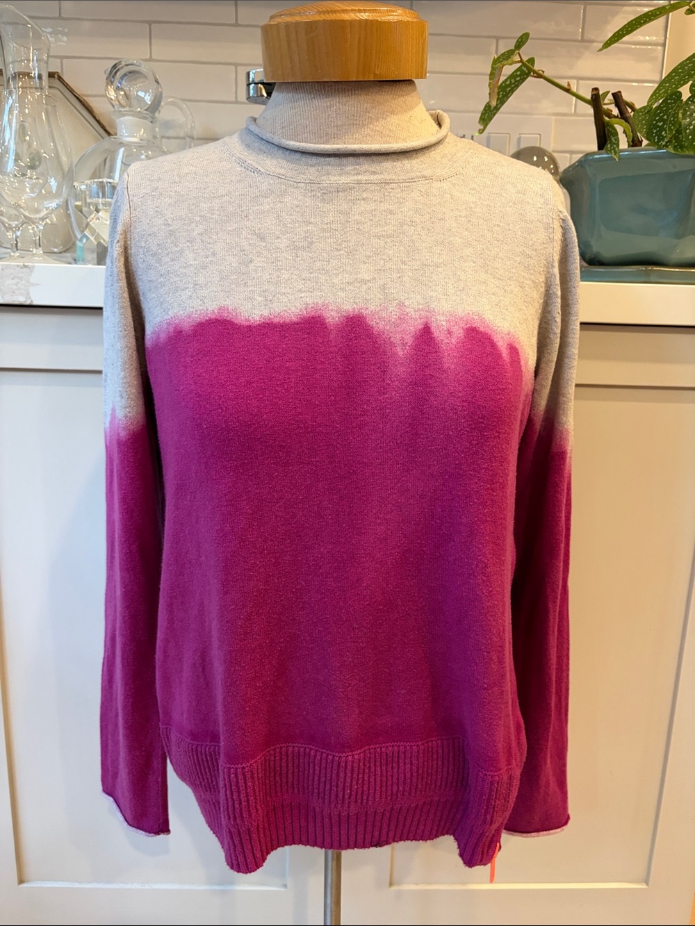 Lisa Todd Cotton Cashmere blend dip dyed Pink and Grey Crewneck Sweater
